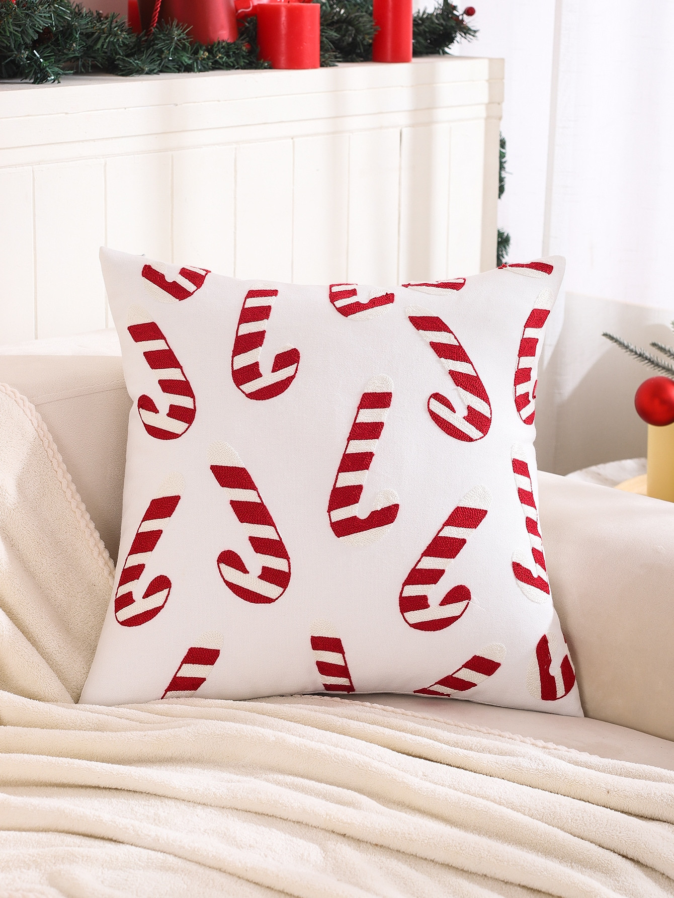 1 Stück Leinwand Weihnachts-candy Bestickter Kissenbezug | SHEIN