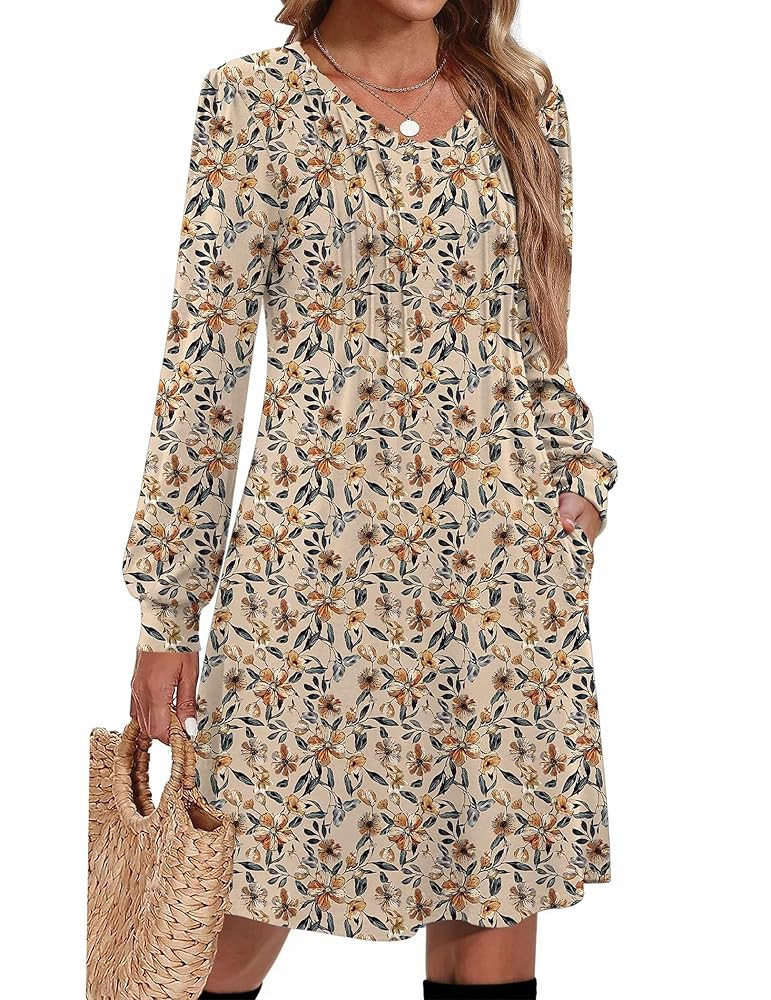 Zeagoo Fall Dresses for Women Long Sleeve Casual Pleated V Neck Dress 2025 A Line Tunic Dress | Amazon (US)