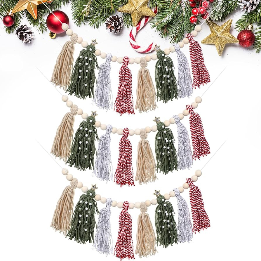 Tenceur 3 Pcs Christmas Tree Tassels Garland with Wood Beads 8 Tassel Pendants Festive Banner Boh... | Amazon (US)