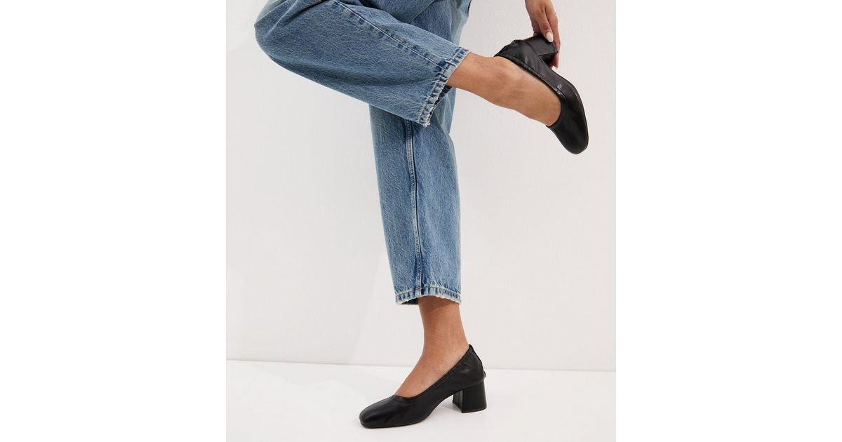 Women's Black Faux Leather Elasticated Block Heel Ballet Pumps Vegan New Look | New Look (UK)