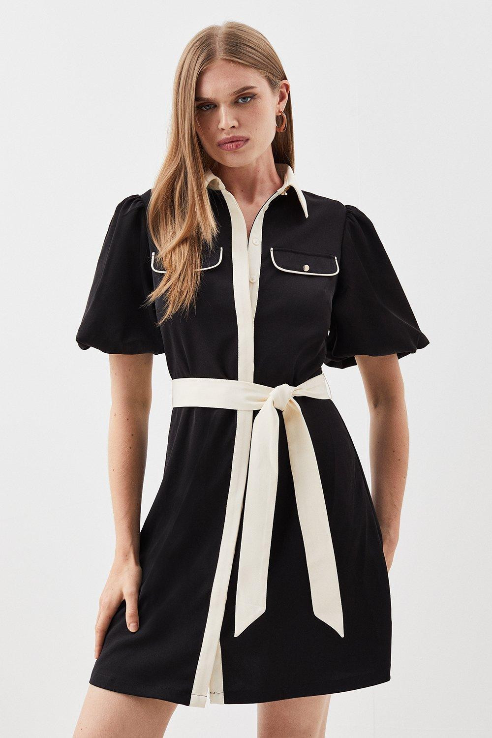 Belted Twill Short Sleeve Mini Dress | Karen Millen US