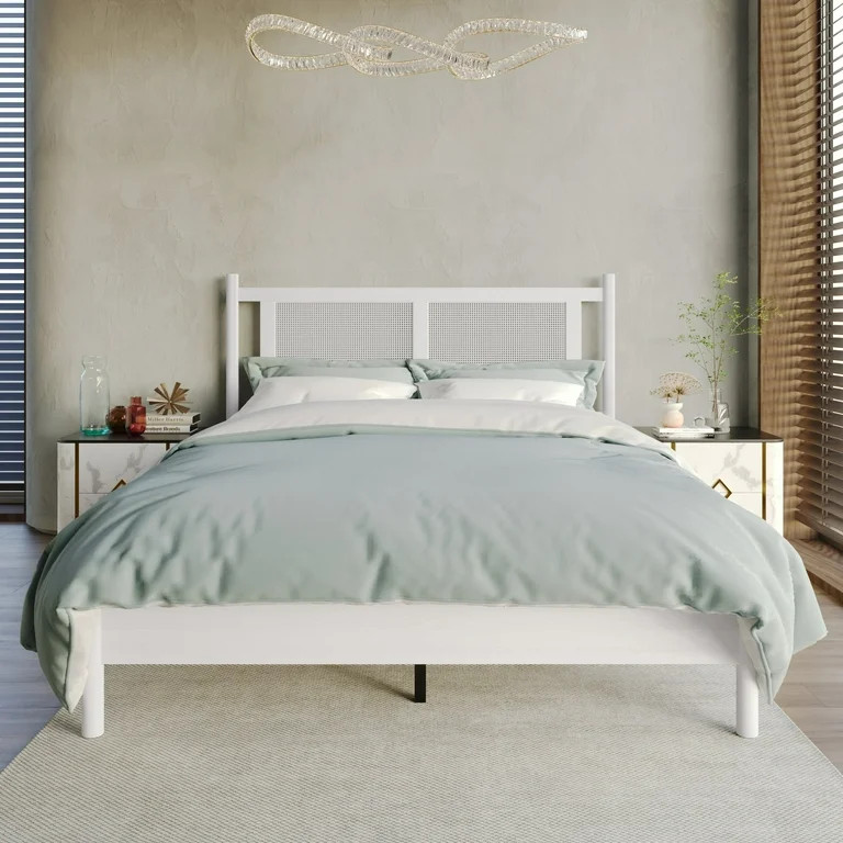 Castle Place Rattan Full Wooden Platform Bed, White | Walmart (US)