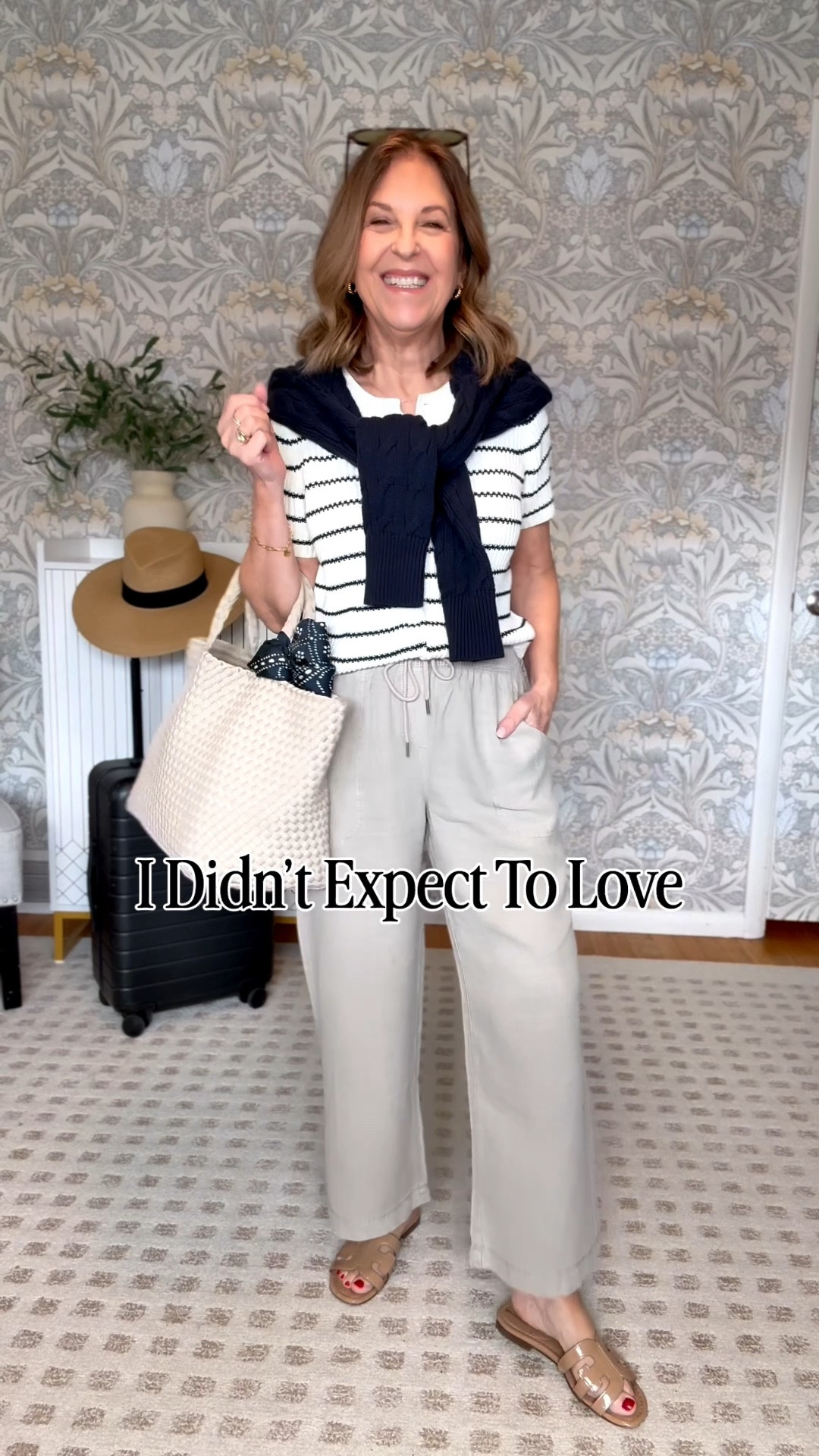 3 easy outfits wearing a drawstring pant I didn't think I'd love, but it's cute, lightweight
comfortable and goes with all the neutrals.  
Easy outfits for vacation & home. 

Pants run tts.  I'm wearing a size small in color, Fawn.
Tops are all Xs. 
Shoes run tts. 

#LTKOver40 #LTKootd #LTKSeasonal