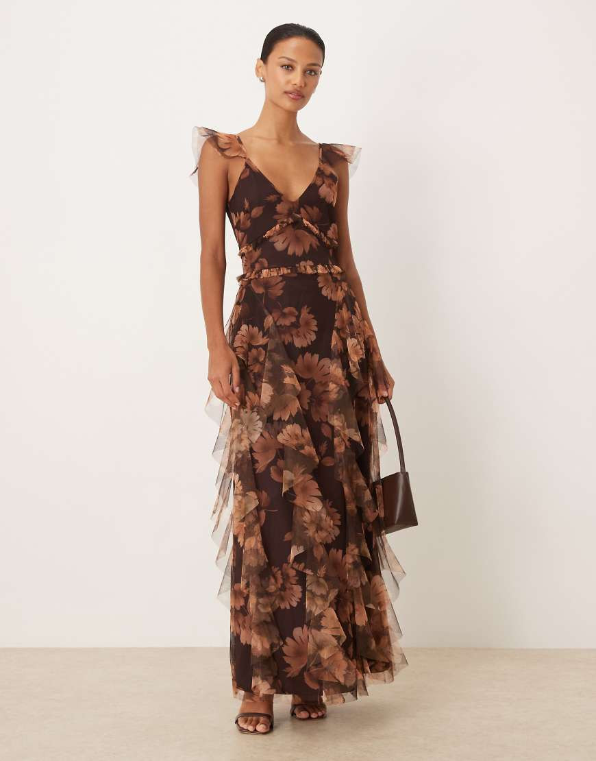 Lace & Beads tulle ruffle maxi dress in brown print | ASOS (Global)