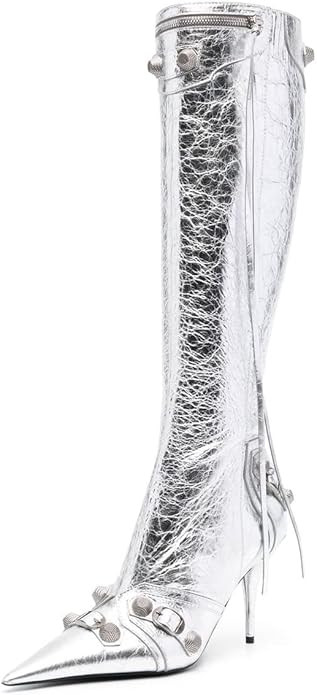 keleimusi Metal Studs Knee High Boots for Women Pointed Toe Heeled Ruffle Leather Shoes | Amazon (US)