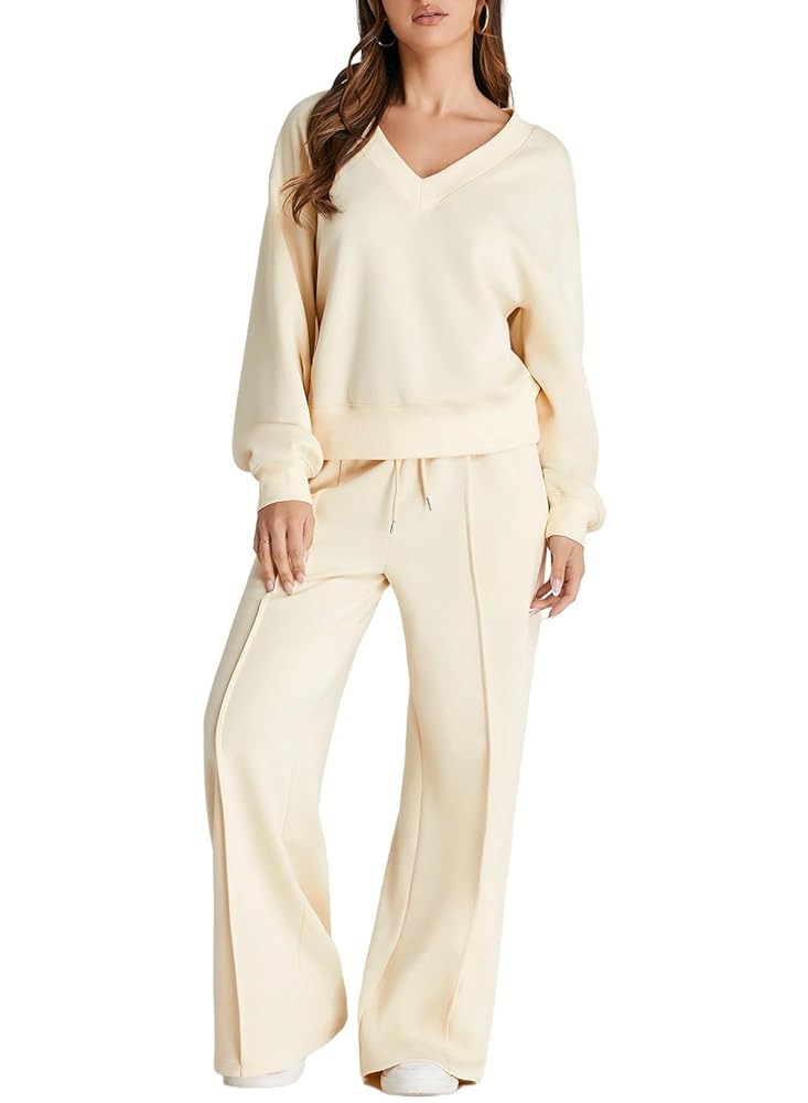 Herseas Women 2 Piece Outfits Sweatsuit 2025 Fall Casual V Neck Sweatshirt with Wide Leg Sweatpan... | Amazon (US)