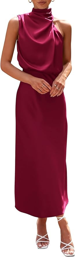 PRETTYGARDEN Women's 2024 Summer Satin Dress Elegant Sleeveless Mock Neck Cocktail Party Maxi Dre... | Amazon (US)