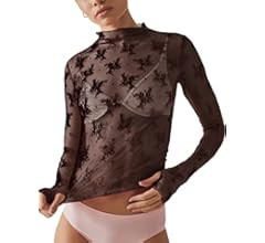 Ugerlov Women's Long Sleeve Mesh Top Mock Neck Sheer Blouse See Through Floral Lace Tops | Amazon (US)