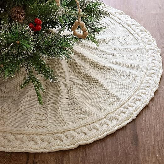 36-Inch Cream Braided Cable Knit Christmas Tree Skirt - Rustic Farmhouse Holiday Decor | Amazon (US)
