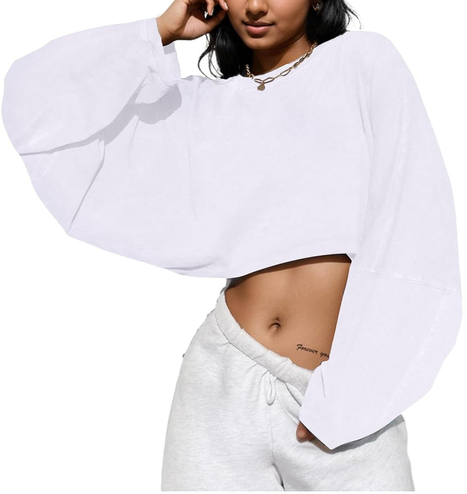 LovelyWholesale Women Long Sleeve Cropped Sweatshirt Oversized Crew Neck Workout Tops | Amazon (US)