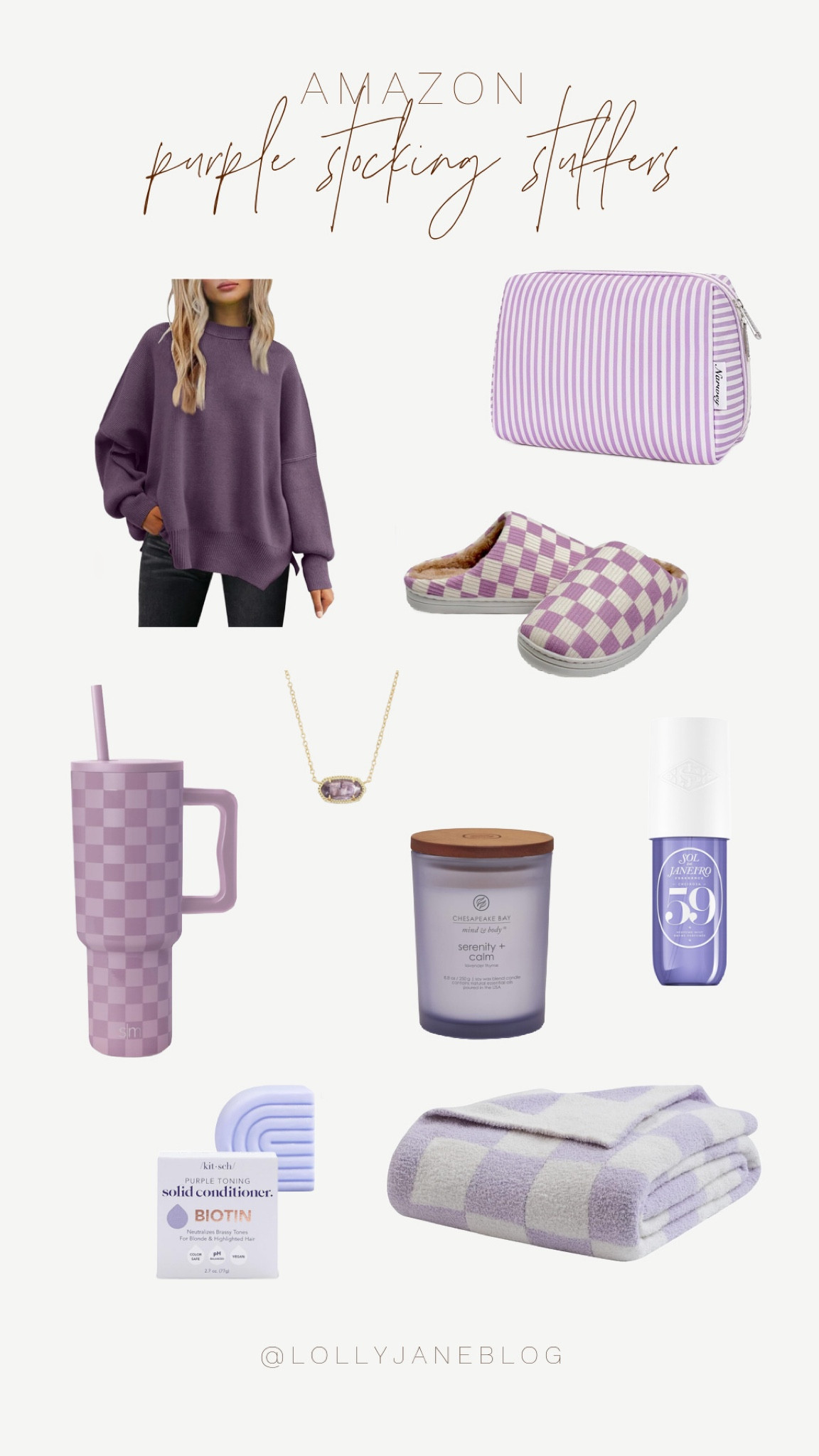 Calling all purple lovers!💜 Whether you're gifting or treating yourself, these purple goodies are everything you need this holiday season. From a cozy purple throw blanket to a chic Kendra Scott necklace, we've got the perfect stocking stuffers that’ll have you feeling festive and fabulous.✨

Striped makeup bag
Cozy checkered throw blanket
Soft slippers for the ultimate chill vibes
A dreamy purple sweater to snuggle into
Scented candle for those relaxing moments
Perfume—smell as good as you look
Kitsch soap bar in a pop of purple
Tumbler to keep your drinks stylish all season
Plus, that perfect Kendra Scott necklace to complete the look!

Find these and more on Amazon – because who says your stocking stuffers can’t be stylish AND purple?  #PurplePerfection #StockingStufferGoals #PurpleVibes #HolidayShopping

#LTKHoliday #LTKGiftGuide #LTKSeasonal