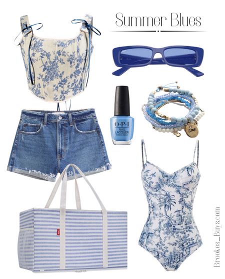 I am loving blue for summer. This designer inspired swimsuit is so cute. The beach bag is the perfect size   #croptop #Amazonfashion #beachbag #jeanshort 

#LTKSeasonal #LTKSwim #LTKFindsUnder100