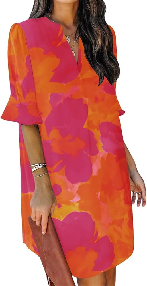 QACOHU Summer Dresses for Women V Neck Ruffle Short Sleeve Casual Shift Dress | Amazon (US)