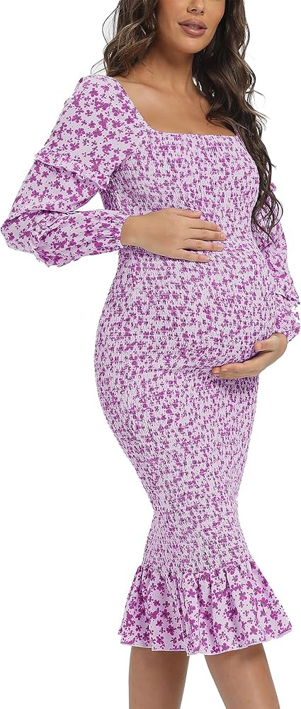 Maternity Summer Floral Midi Bodycon Dresses, Long Puff Sleeve Square Neck Ruffle Hem Mermaid Bab... | Amazon (US)