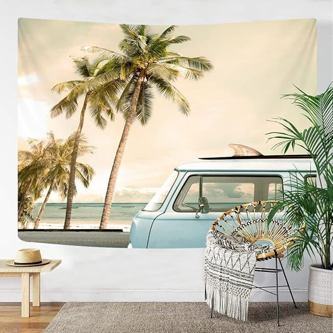 Beach Vibes Tapestry Wall Art Hanging, Ocean Drive Vintage Car Hawaii Beach Scenery Wall Decor Ta... | Amazon (US)