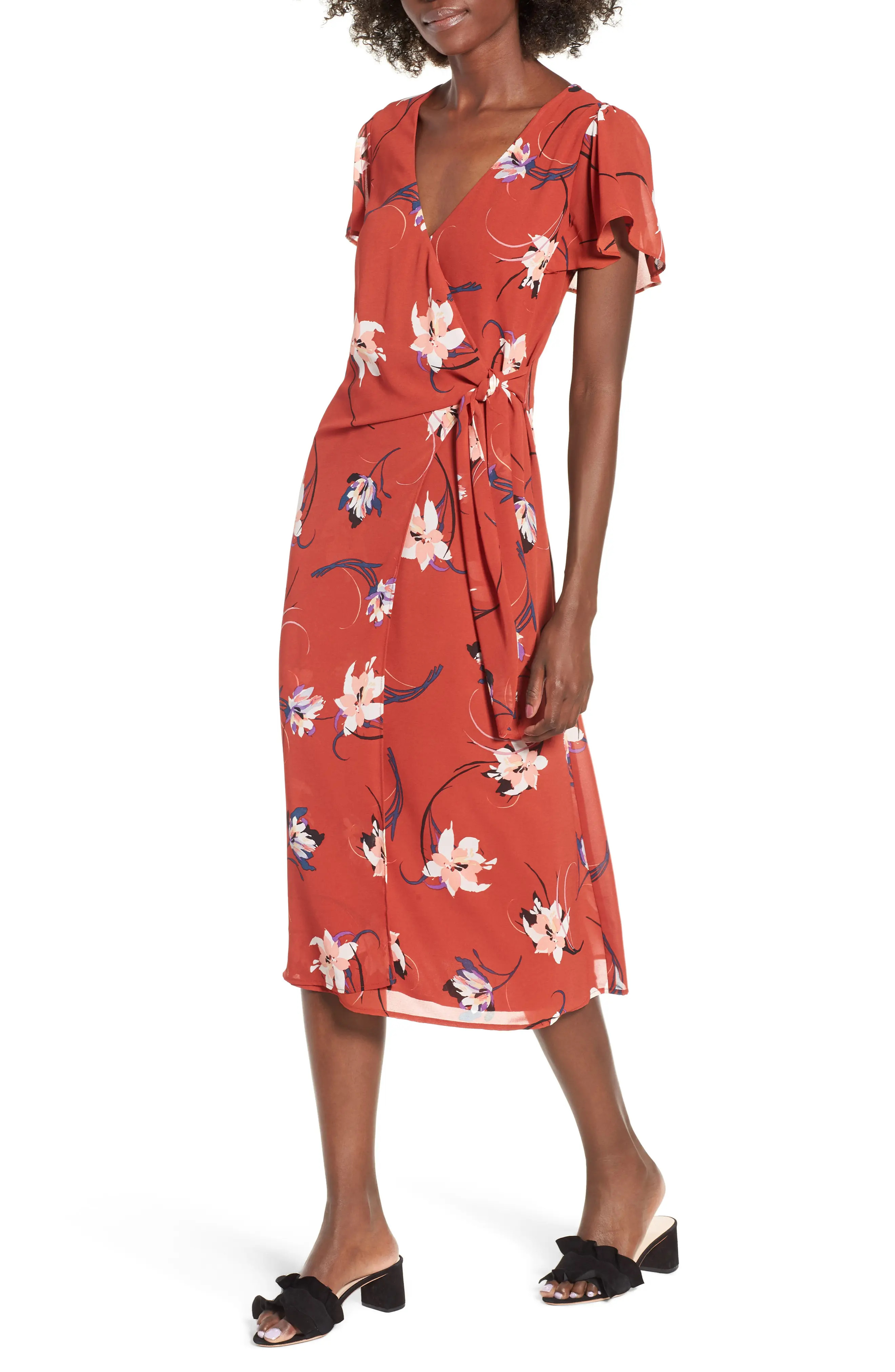 Row A Floral Surplice Midi Dress | Nordstrom