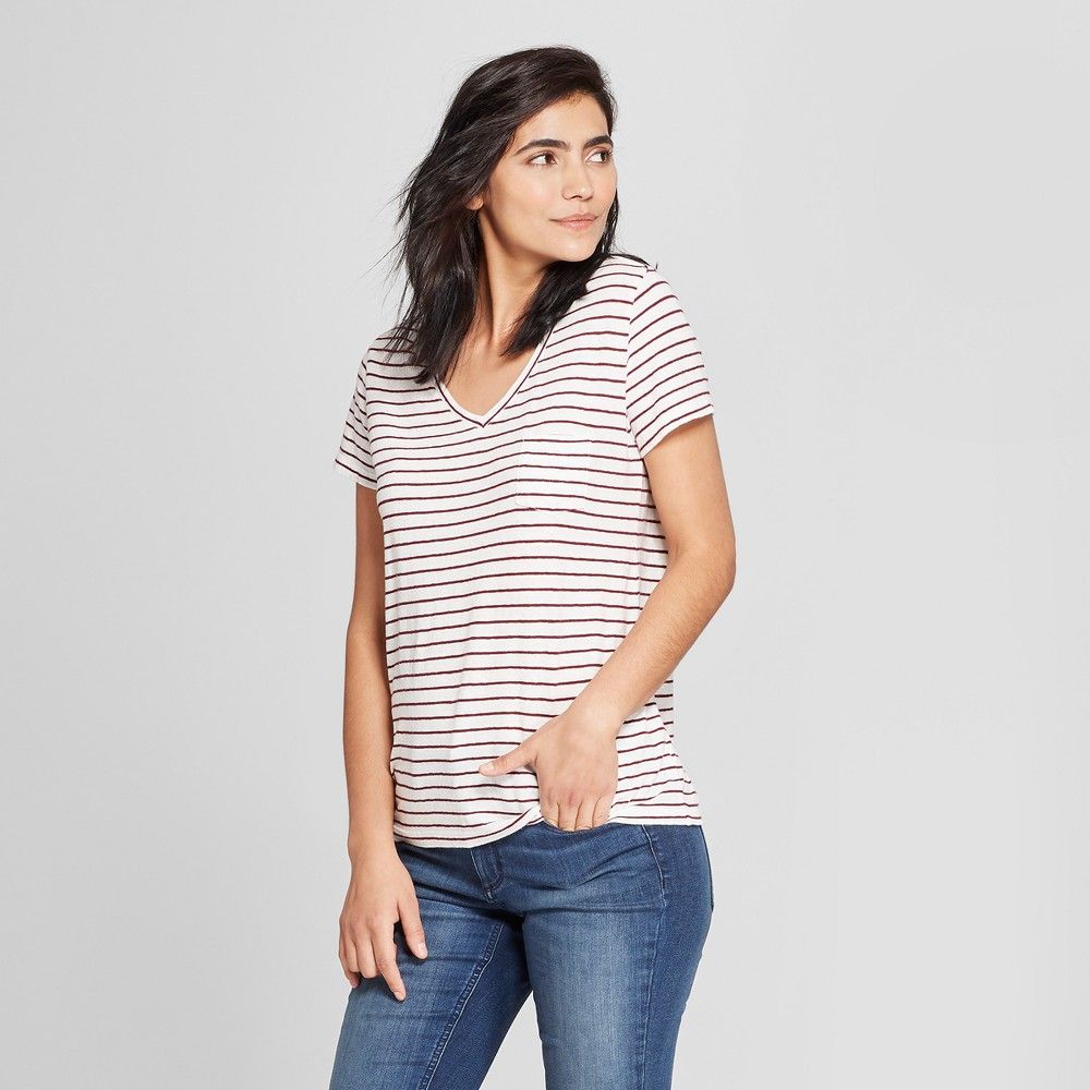 Women's Striped Monterey Pocket V-Neck Short Sleeve T-Shirt - Universal Thread White Stripe XS, Red | Target