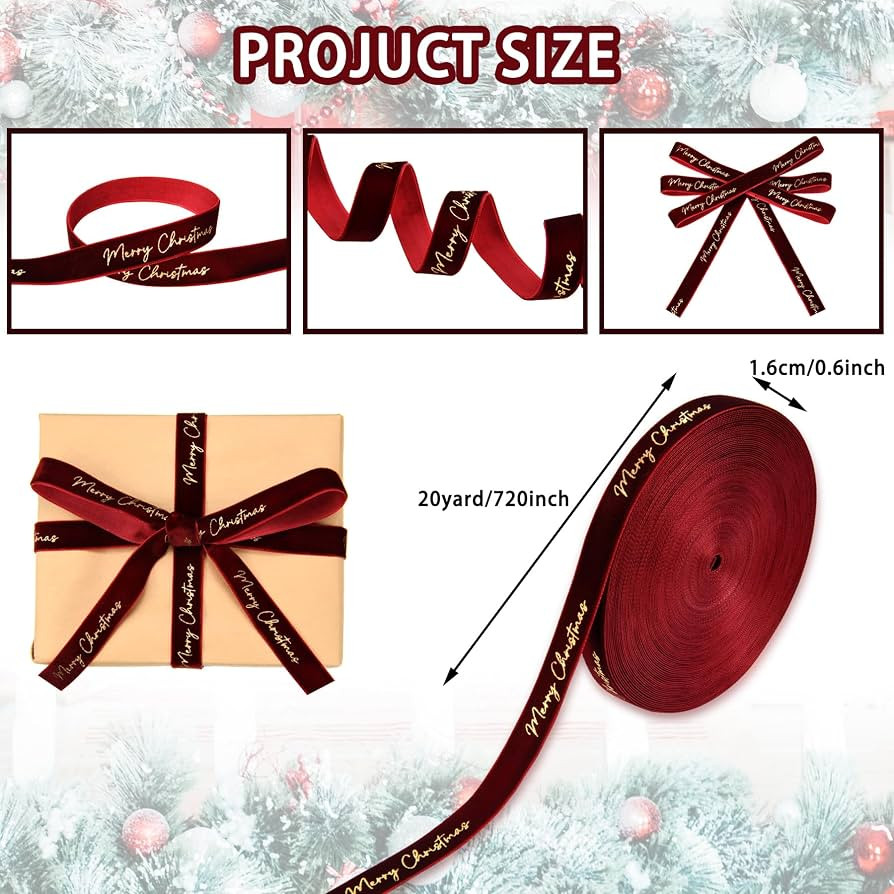 20 Yards Velvet Christmas Ribbon Roll with Gold Foil “Merry Christmas” Holiday Ribbon for Gif... | Amazon (US)