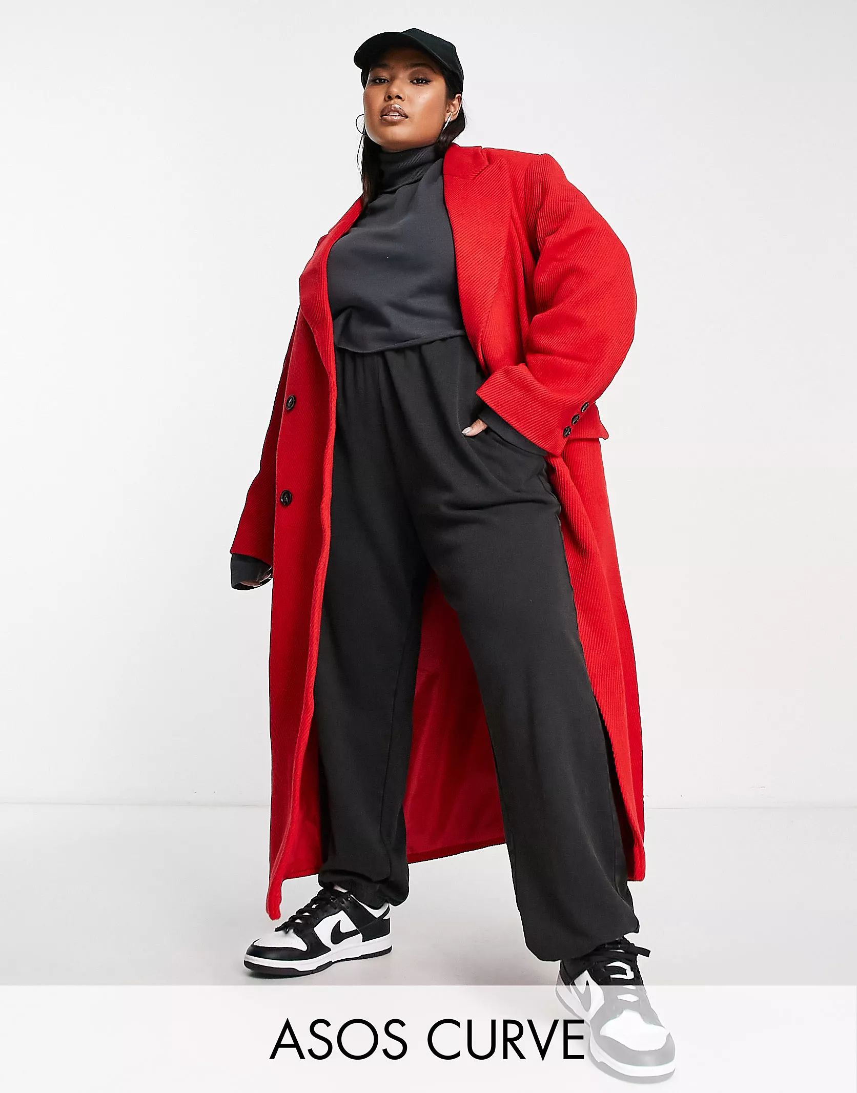 ASOS DESIGN Curve twill dad wool mix coat in red | ASOS (Global)