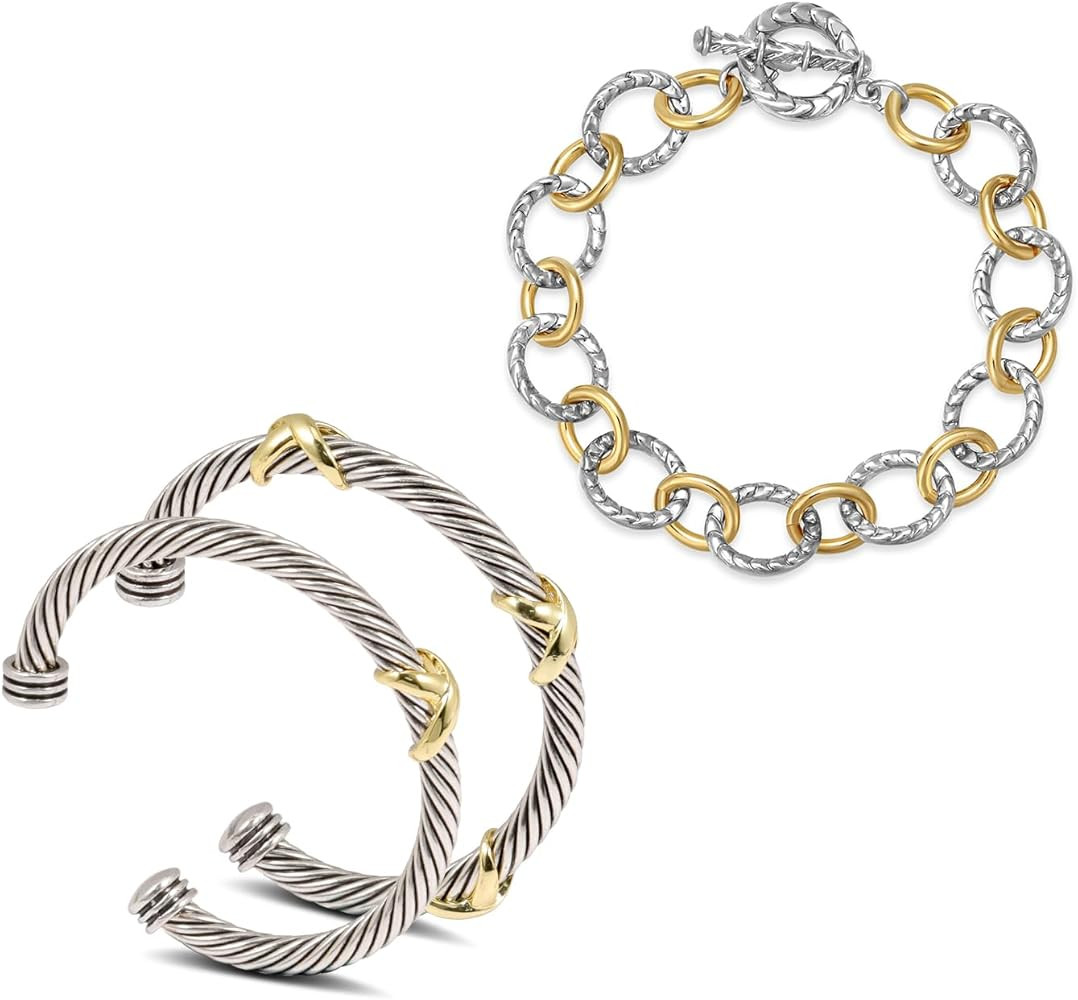 3PCS Twisted Cable Bracelet and Chain Trendy Cuff Bracelet Link Designer Dupes Adjustable Bangle ... | Amazon (US)