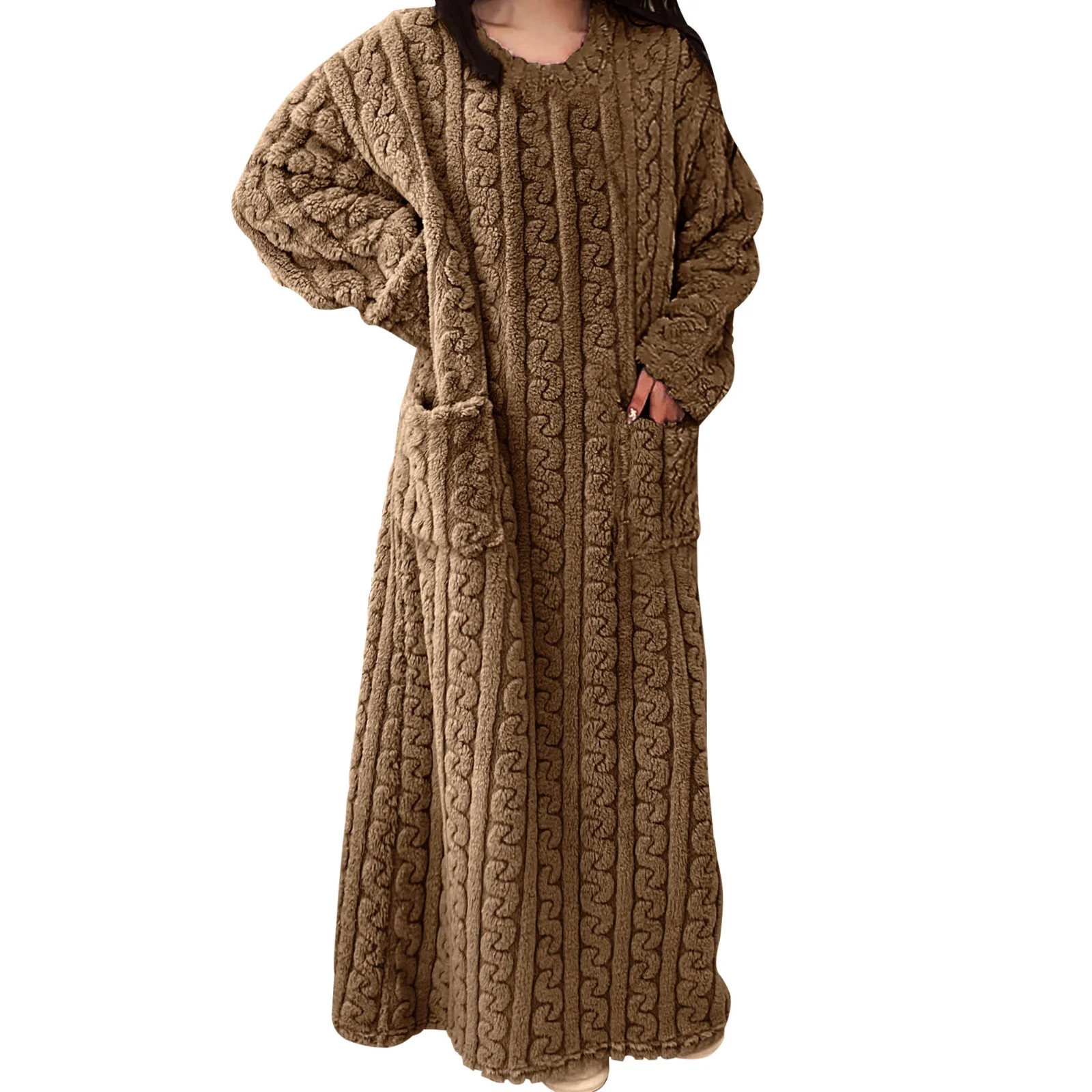 Aobny Brown Soft Womens Nightgowns Flannel Crew Neck Long Long Sleeve Solid with Pockets Adults N... | Walmart (US)