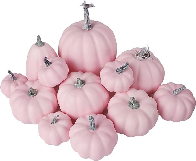 winemana 12 Pcs Assorted Artificial Pumpkins, Pink Pumpkins Halloween Fall Autumn Decor, Decorati... | Amazon (US)
