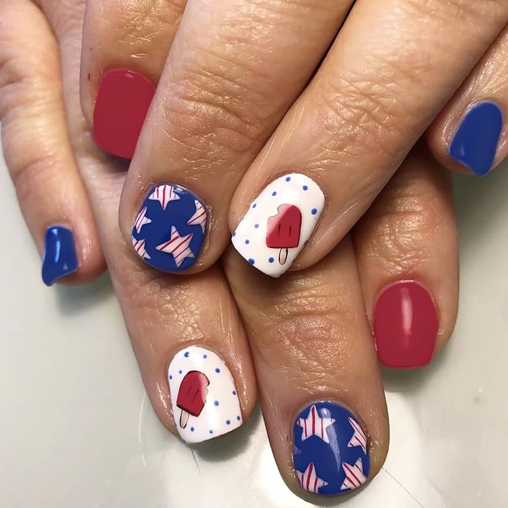 4th of July Press on Nails Short Square Fake Nails Independence Day False Nails with American Fla... | Amazon (US)