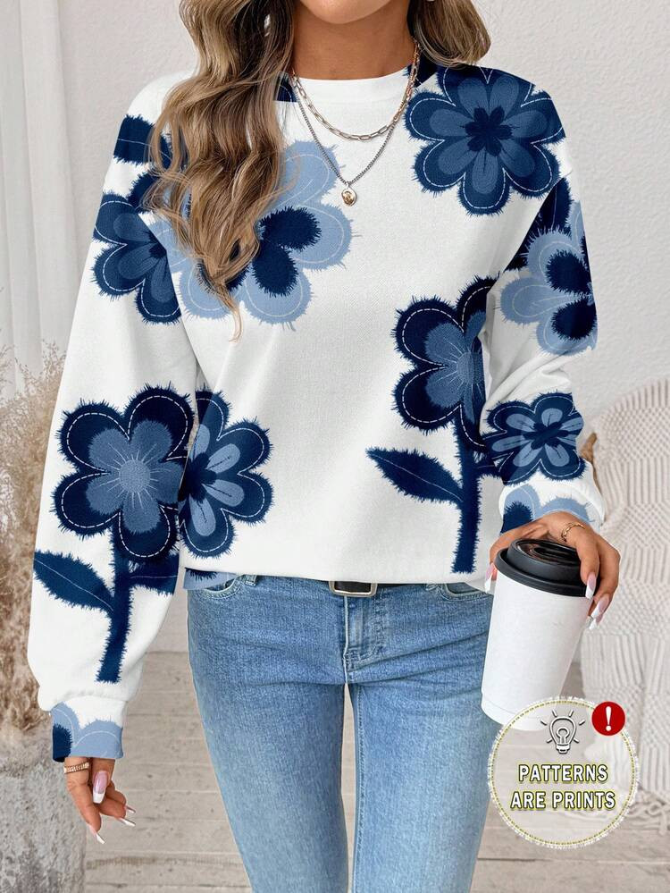 SHEIN LUNE Casual Vintage Elegant Commuting Versatile Warm Floral Print Pattern Loose Fit Round Neck Long Sleeve Sweatshirt For Women, Suitable For Spring/Summer | SHEIN