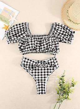 Dokotoo Womens 2022 Cute Solid Bubble Sleeves High Waisted Two Piece Bikini Swimsuit | Amazon (US)