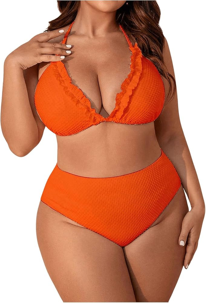 Women's 3 Piece Plus Size Lettuce Trim Bikini Halter Tie Side Triangle Set with Beach Skirt High ... | Amazon (US)