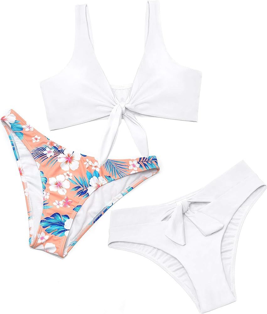 SHEKINI Women's Tie Knot Front Bikini High Waisted Bikini Bottoms Three Piece Swimsuit | Amazon (US)