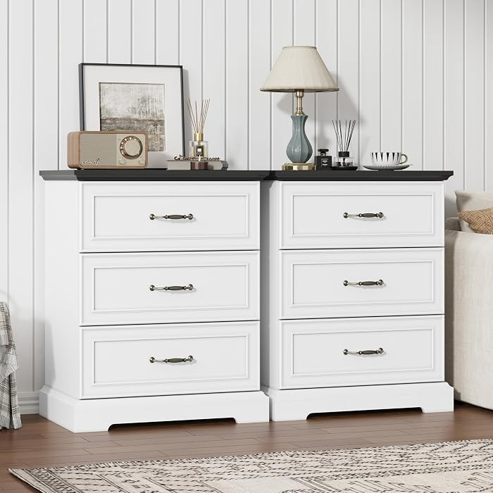 Nightstand Set of 2,24" Wide End Table with 3 Large Drawers & Metal Handles,Rustic Farmhouse Wood... | Amazon (US)