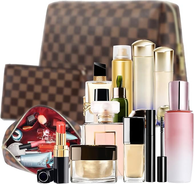 2 Pack Makeup Bag Set for Women, Large Brown Leather Cosmetic Bag + Small Zipper Pouch, Water-Res... | Amazon (US)