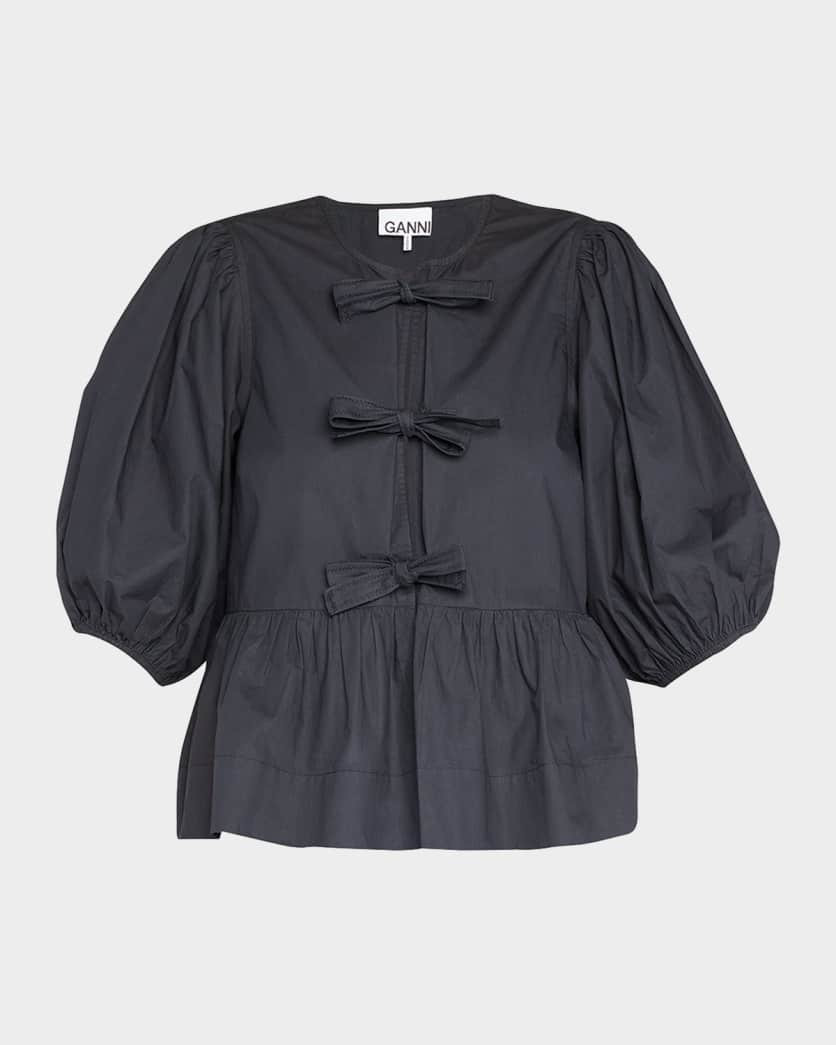 Poplin Front-Tie Peplum Blouse with Puffed-Sleeves | Neiman Marcus