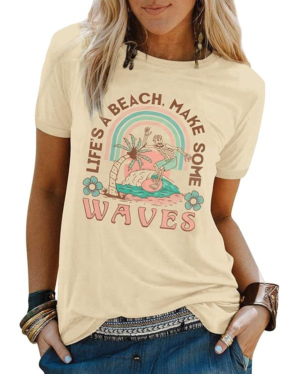 Beach Shirts for Women Hawaiian Graphic Tees Sunshine Summer Vacation Vintage Tshirt Tops | Amazon (US)