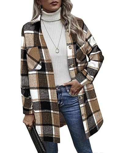 HOTOUCH Brown Plaid Button Down Shirt Women Long Sleeve Coat Button Closure Retro Plaid Shirts Jacket Lapel Trench Wool Blend Jacket With Pockets Coats S | Amazon (US)
