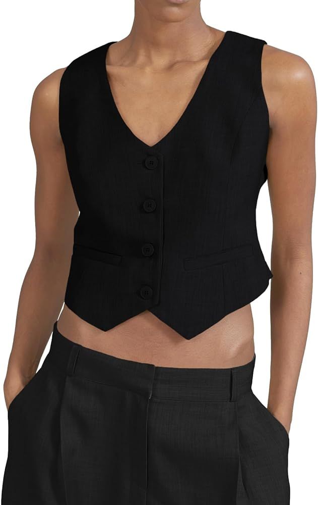 Saodimallsu Women's Button Down Vest V Neck Sleeveless Cropped Regular Fitted Waistcoats | Amazon (US)