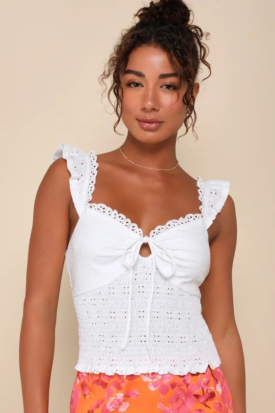 Perfect Sweetness White Eyelet Ruffled Keyhole Smocked Top | Lulus