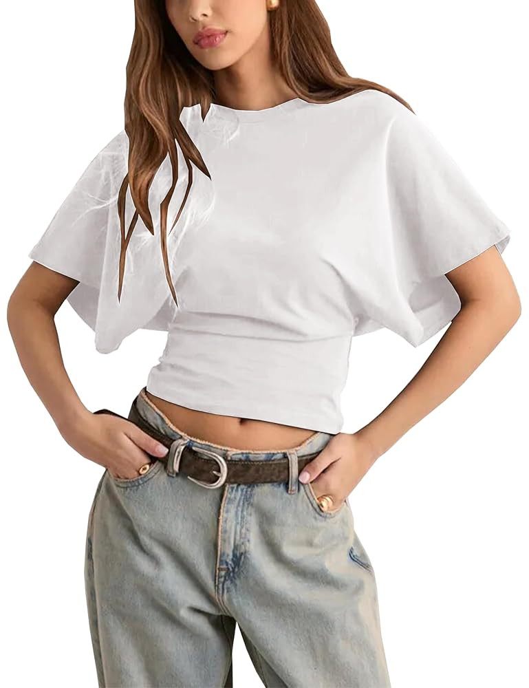 Lumister Shirts for Womens Crewneck Tighten Waist T-Shirt Casual Short Sleeve Workout Tops Solid ... | Amazon (US)