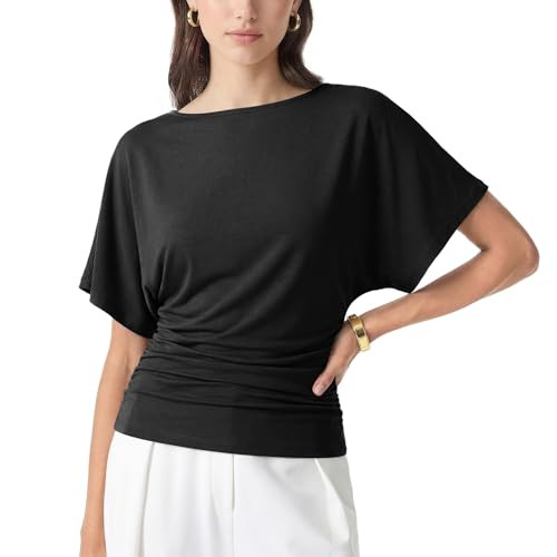 SeeLuNa Casual Womens Tops Boat Neck Pullover Shirts Batwing Short Sleeve Side Ruched Tunic Corse... | Amazon (US)
