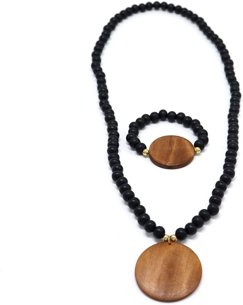 COLORFUL BLING Vintage Wooden Beaded Necklaces Chunky Round Pendant Bracelet Sweater Strand Neckl... | Amazon (US)