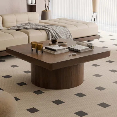 Square Coffee Table For Living Room, Modern Wood Veneer Top With Parquet Pattern & Cylindrical Base, Thickened Tabletop, Easy Assembly | Wayfair North America