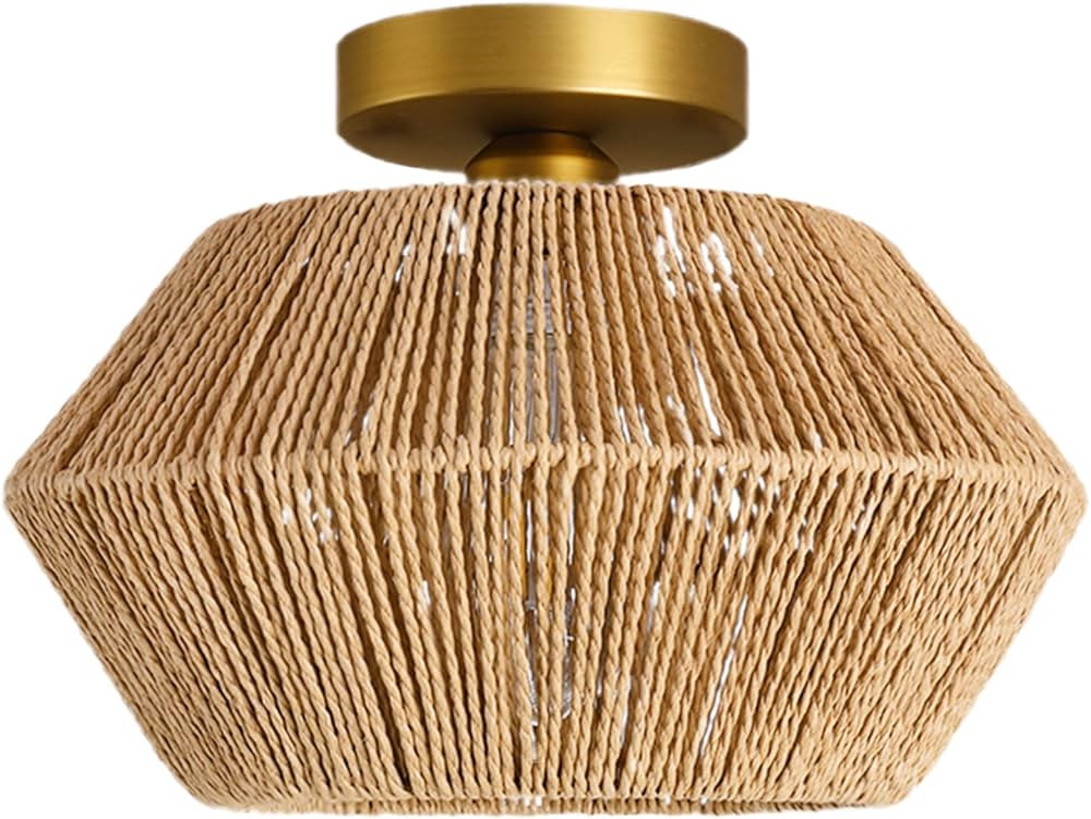 Capslpad Woven Rattan Ceiling Light Fixtures Boho Semi Flush Mount Ceiling Light Hand-Woven Cage ... | Amazon (US)