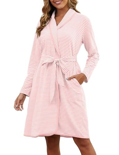 VibeVista Soft Cotton Robes for Women Striped Long Sleeve Kimono Bathrobe House Coats Bath Robe Loungewear with Pockets Cozy Sleepwear Pink Thin L | Amazon (US)