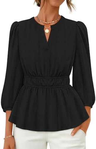 ZESICA Women's 2026 Fall Babydoll Peplum Tops V Neck Puff 3/4 Length Sleeve Shirts Dressy Casual ... | Amazon (US)