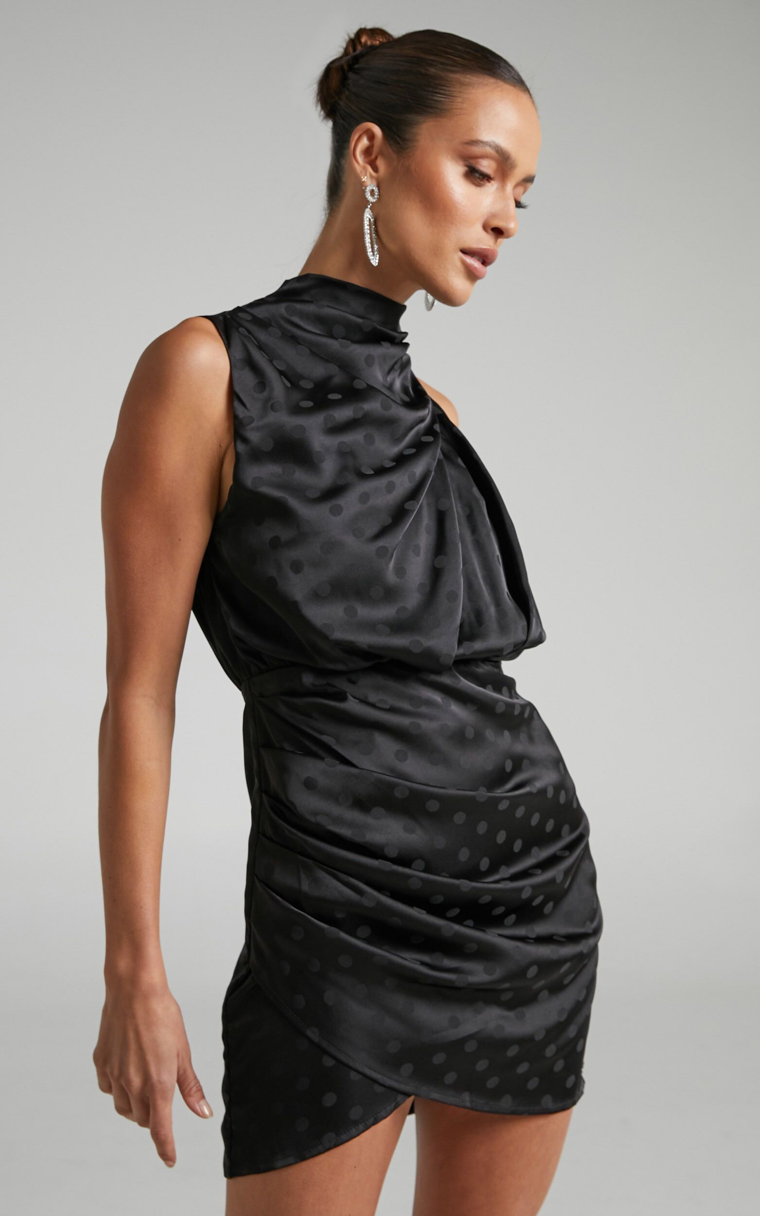 Rammey Mini Dress - High Neck Draped Dress in Black | Showpo (US, UK & Europe)