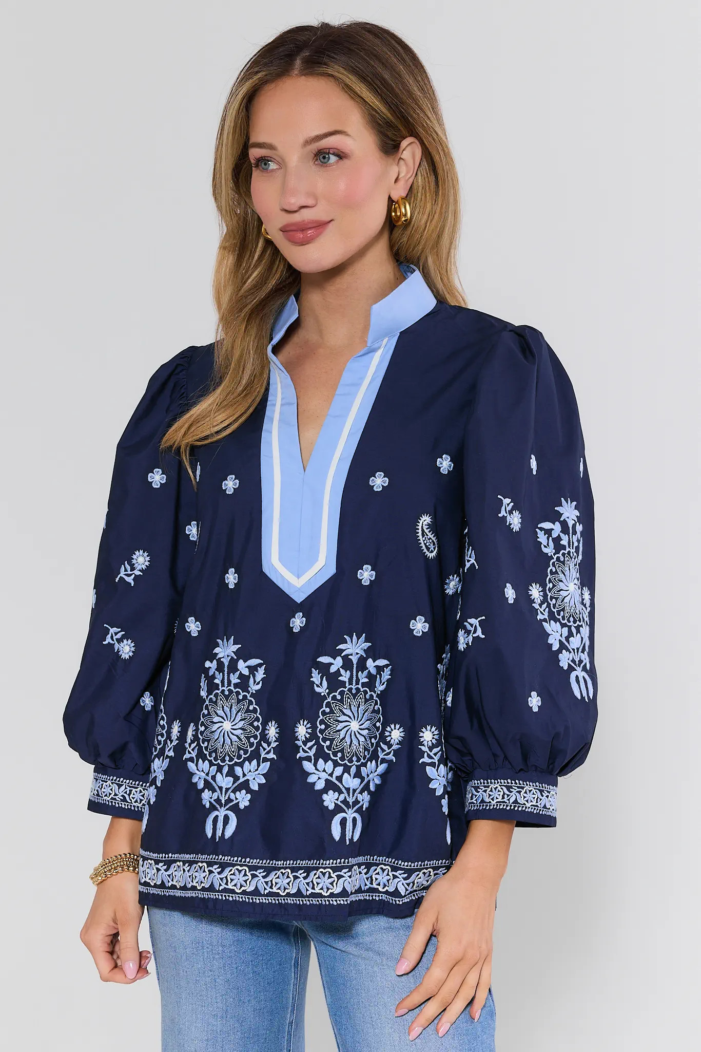 Kinley Navy Embroidered Top | Avara