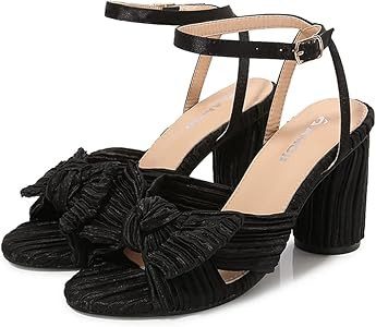 Amoji Women's Satin Block Heeled 3 Inch-4 Inch Sandal Bowknot Pleated Ankle Strap for Wedding Par... | Amazon (US)