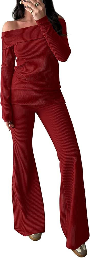 PRETTYGARDEN Women 2 Piece Outfits Fall Long Sleeve Off The Shoulder Slit Top Long Flared Pant Se... | Amazon (US)