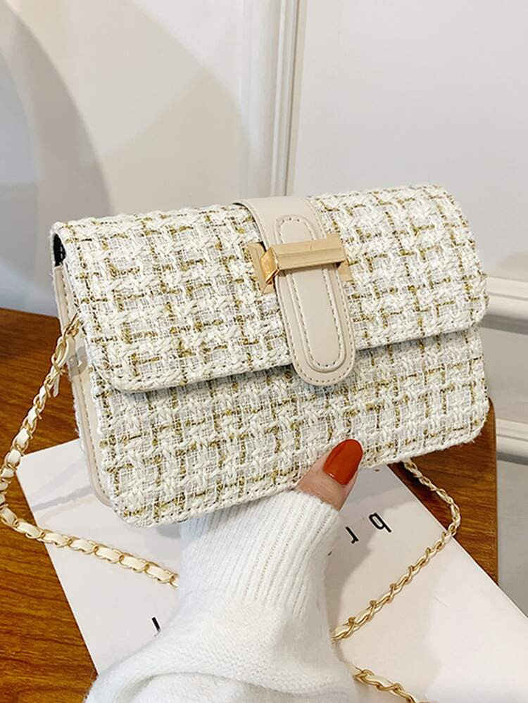 Metal Decor Tweed Chain Flap Square Bag | SHEIN